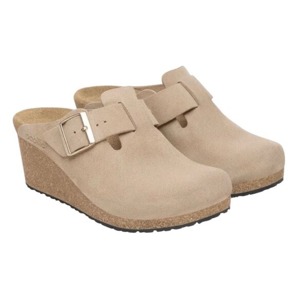 Birkenstock Beige Suede Wedge Mules - Picture 1 of 11